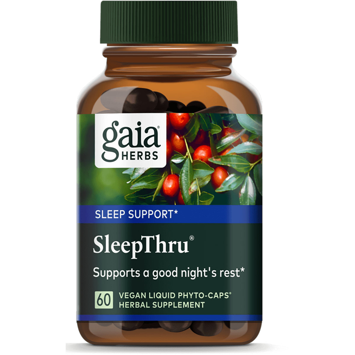 GH070 | Gaia Herbs SleepThru front label showing sleep support text Supports a good night's rest and 60 vegan liquid phyto-caps