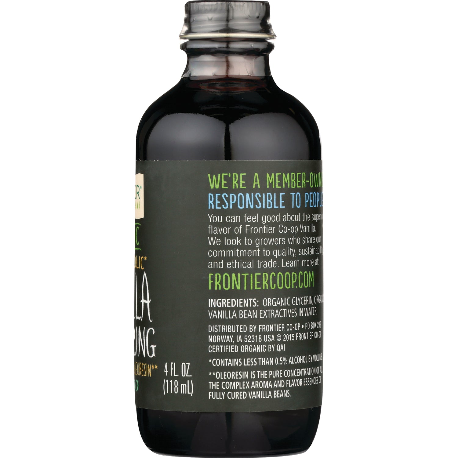FNP050 | Back label of dark glass bottle showing FRONTIERCOOP.COM member-owned statement, ingredients and 4 fl oz (118 mL)