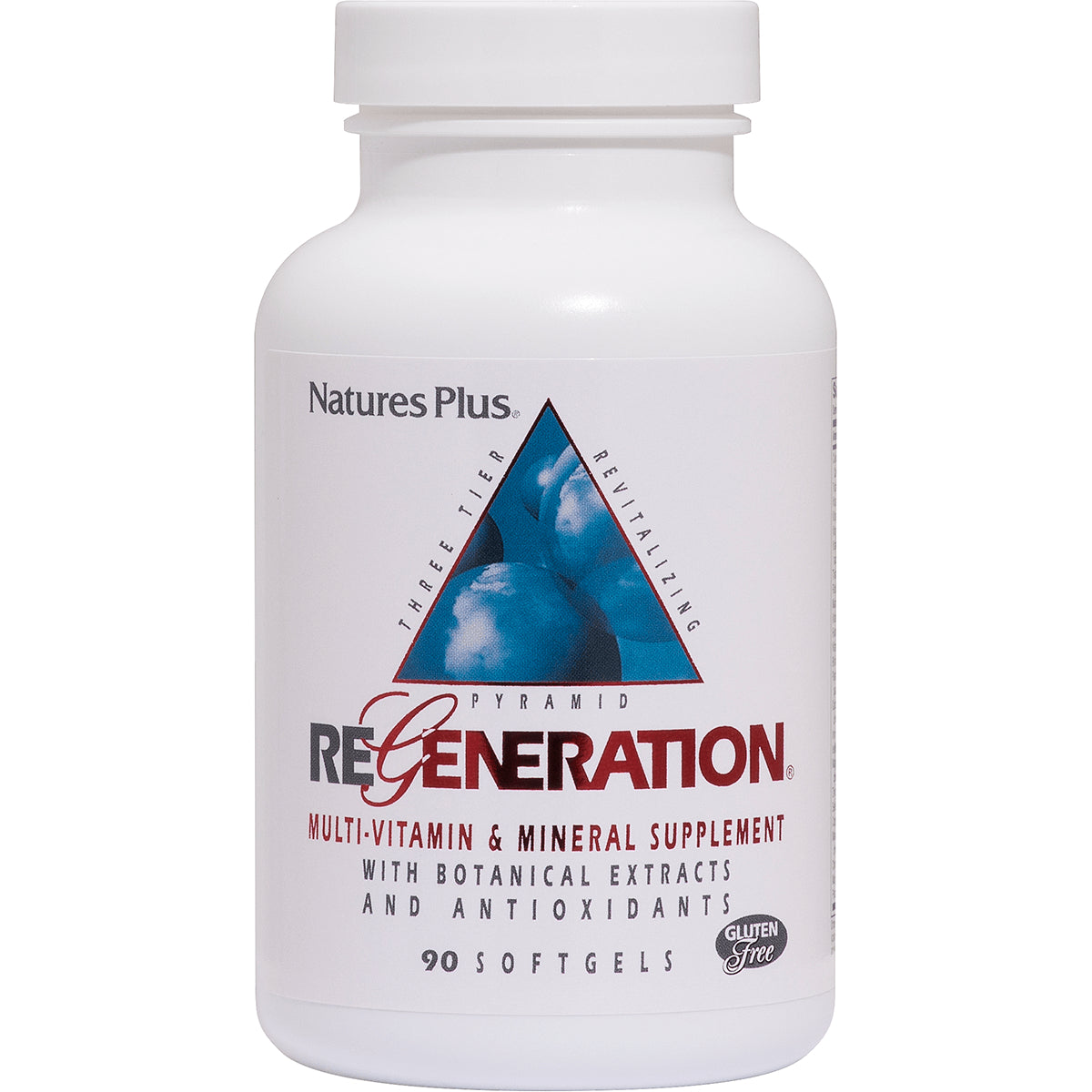 NTP198 | White bottle labeled Natures Plus ReGeneration multi-vitamin & mineral supplement 90 softgels gluten free