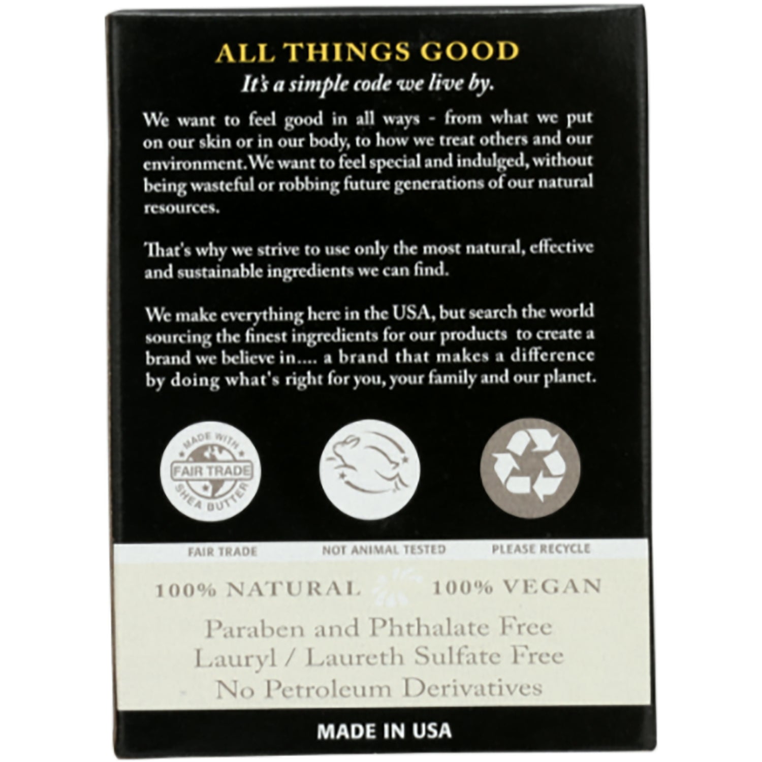 DRW012 | Back of black product box showing sustainability badges and text 100% natural, 100% vegan, paraben and phthalate free