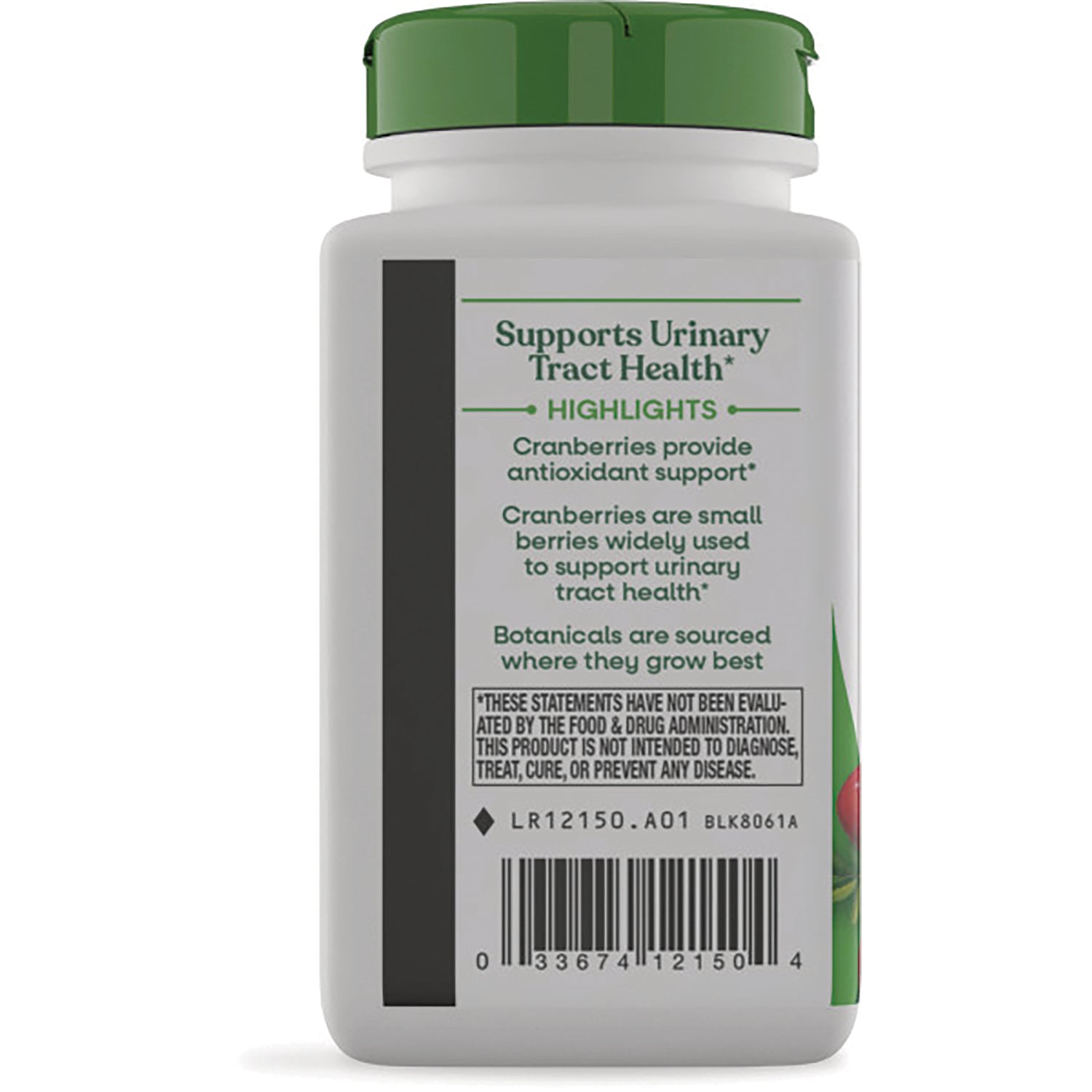 NW049 | bottle back label reading Supports Urinary Tract Health with highlights about cranberries and a barcode