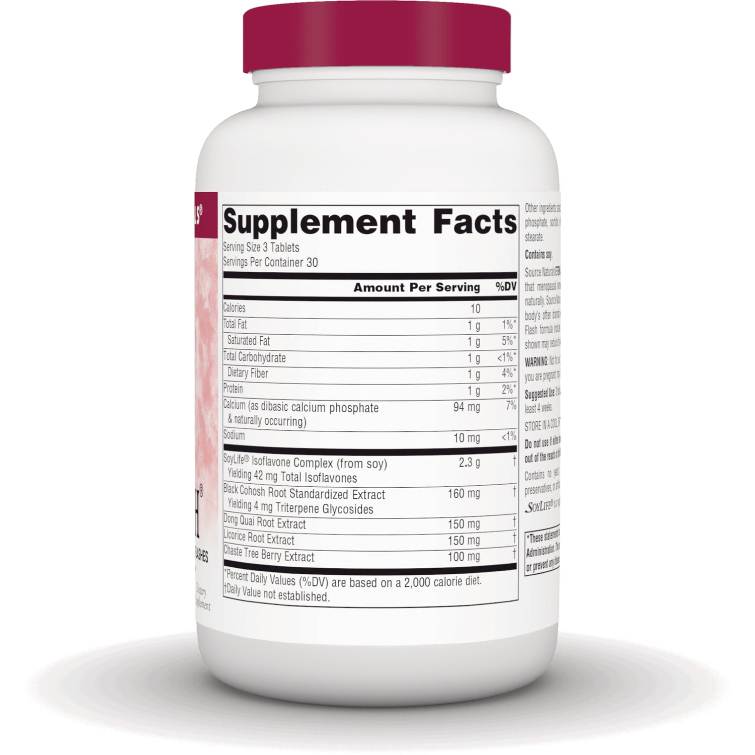 SN109 | Supplement Facts nutrition panel and ingredient amounts on back of white supplement bottle