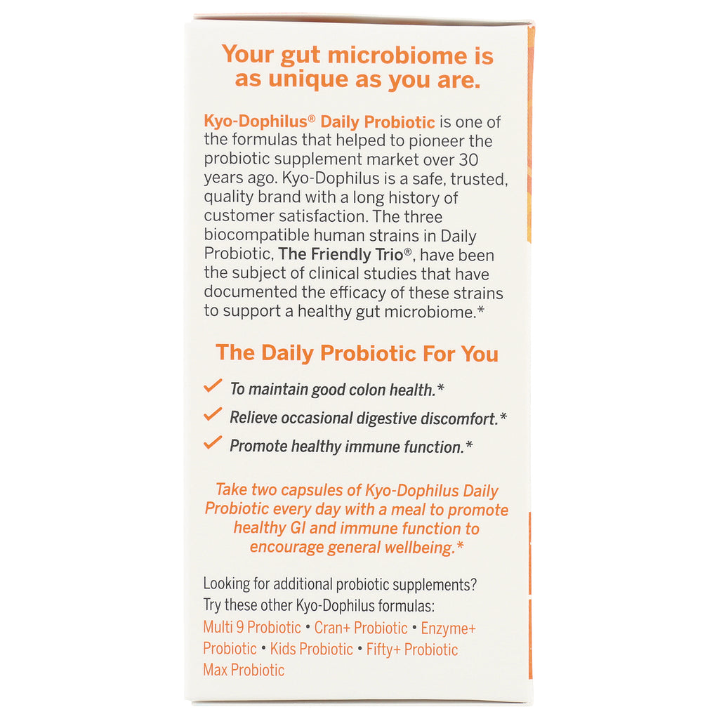 KY028 | Back of probiotic box showing Kyo-Dophilus Daily Probiotic benefits, usage and dosing text - Thumbnail