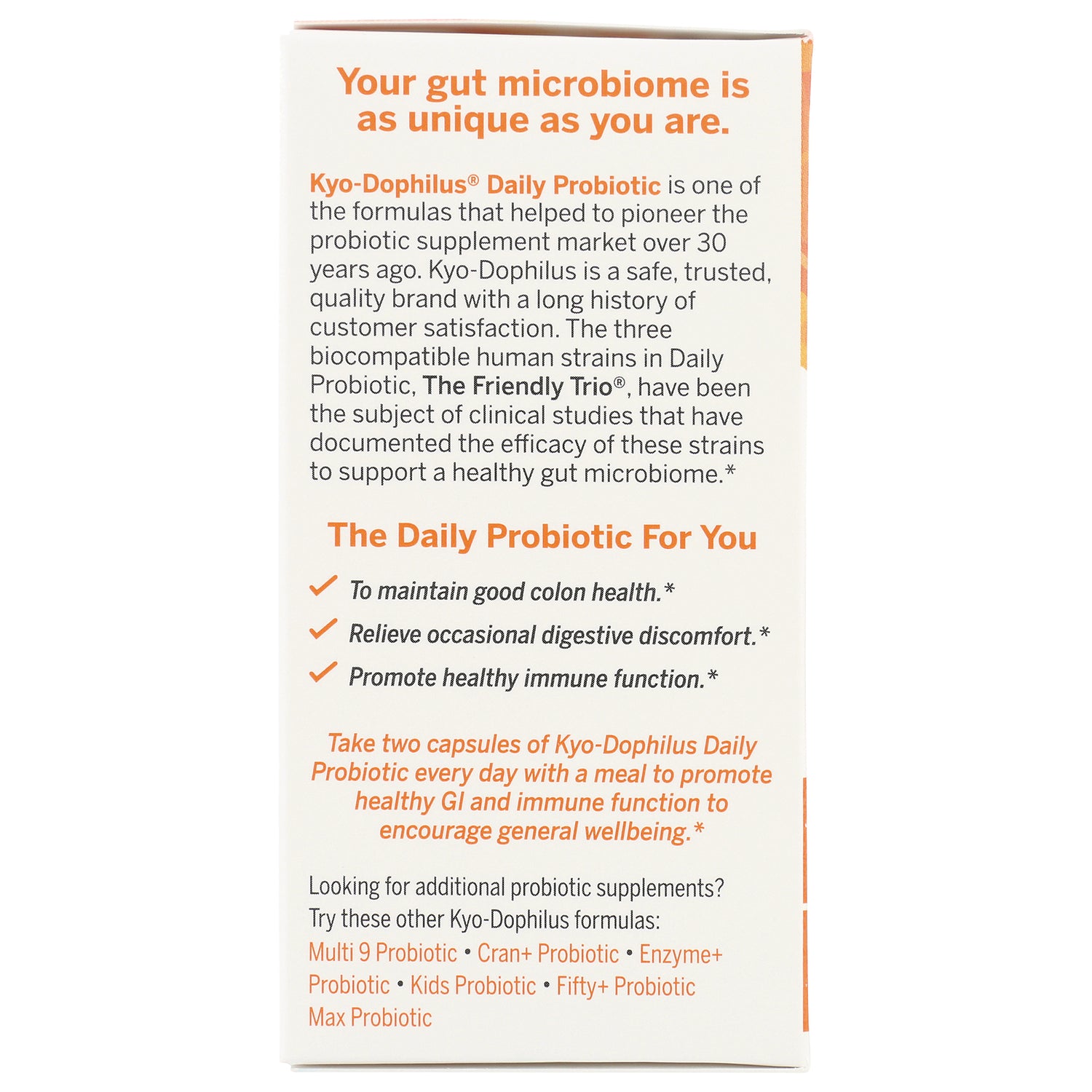 KY028 | Back of probiotic box showing Kyo-Dophilus Daily Probiotic benefits, usage and dosing text
