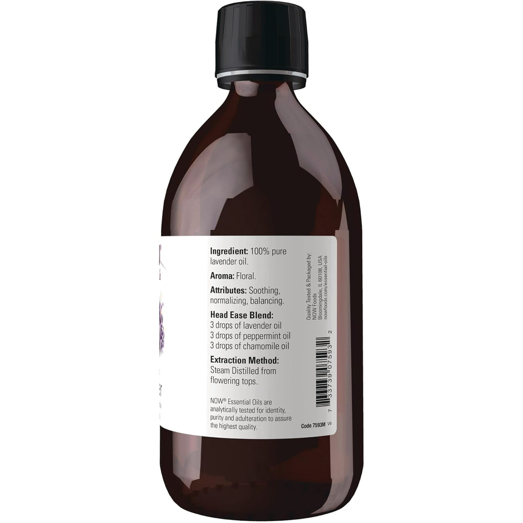 NWF487 | back of amber bottle showing label with ingredients, head ease blend, extraction method and barcode - Thumbnail
