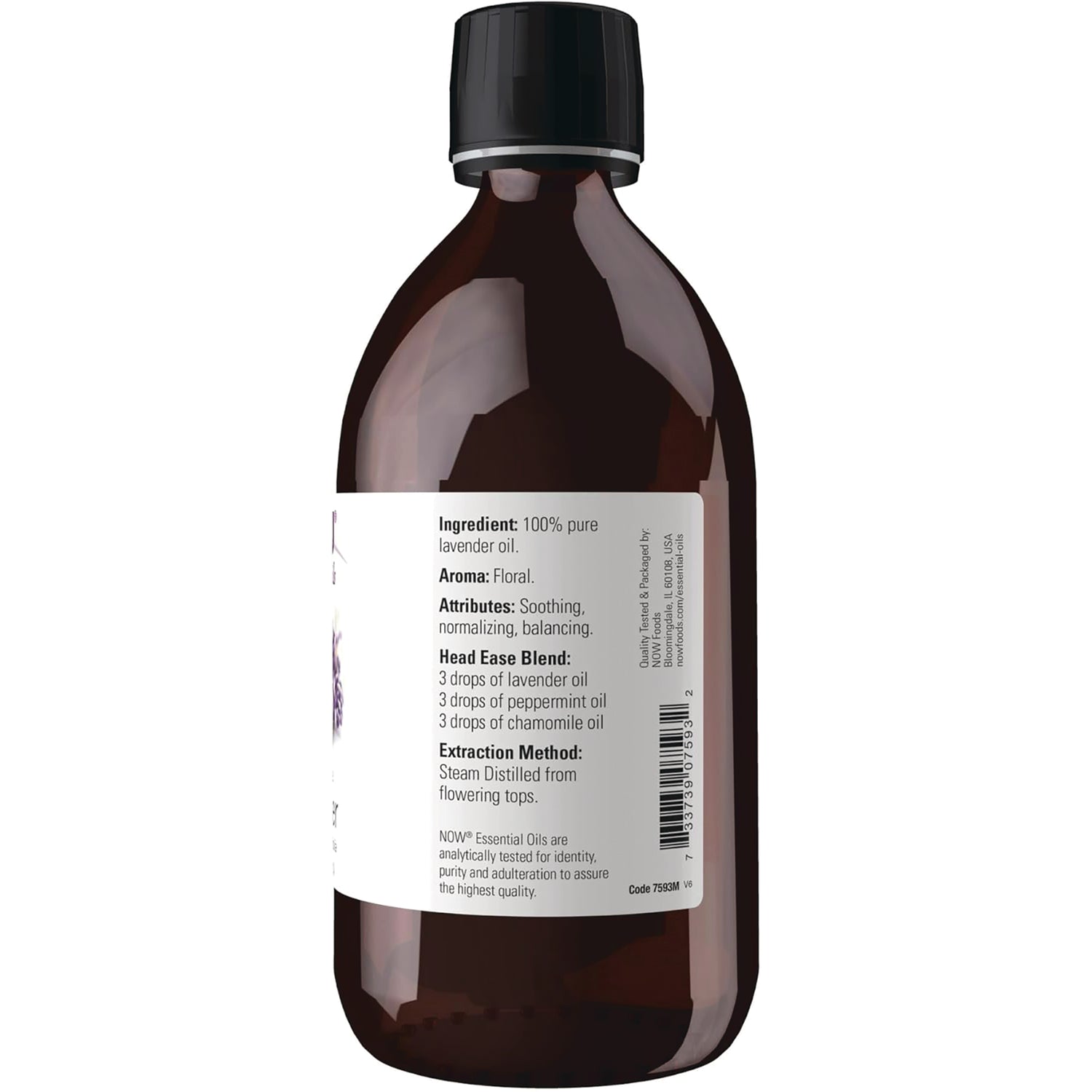 NWF487 | back of amber bottle showing label with ingredients, head ease blend, extraction method and barcode