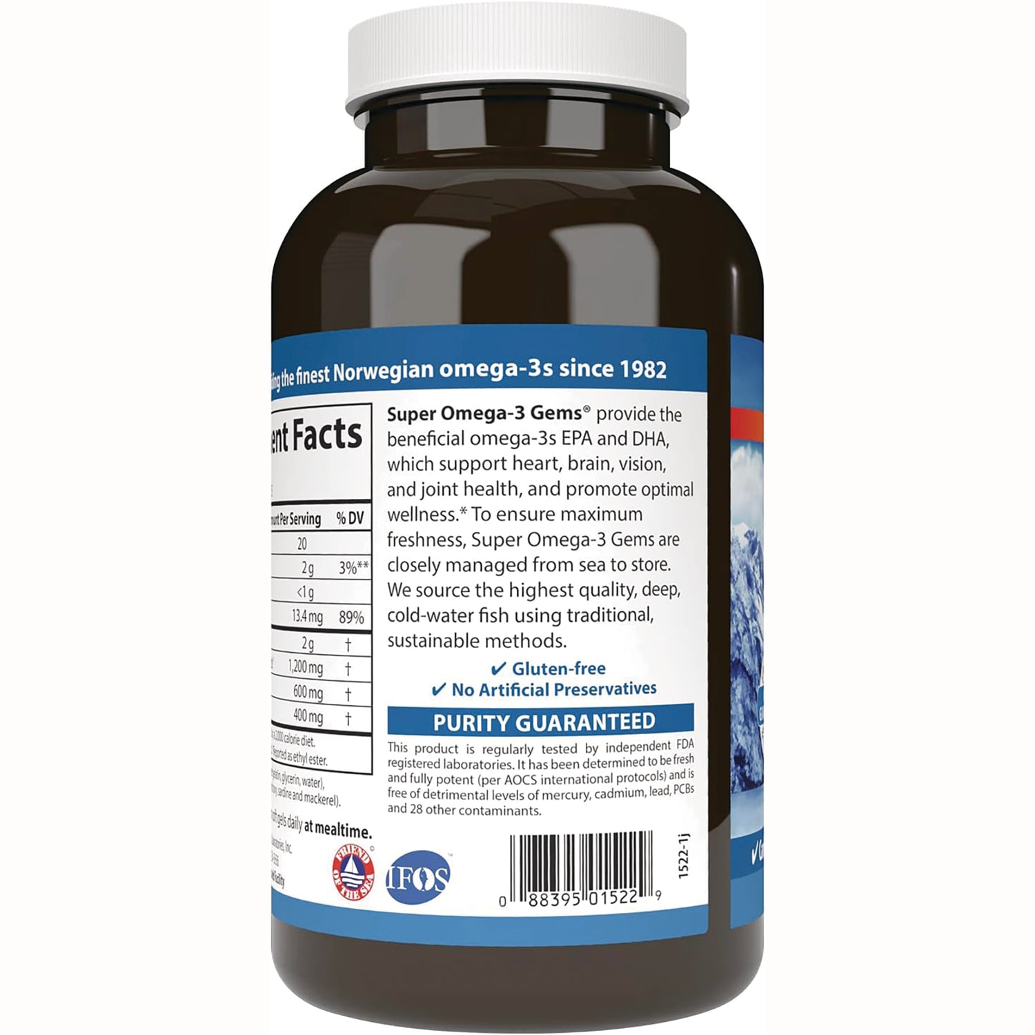 CSN146 | back label of Super Omega-3 Gems bottle showing supplement facts, purity guaranteed claim and barcode