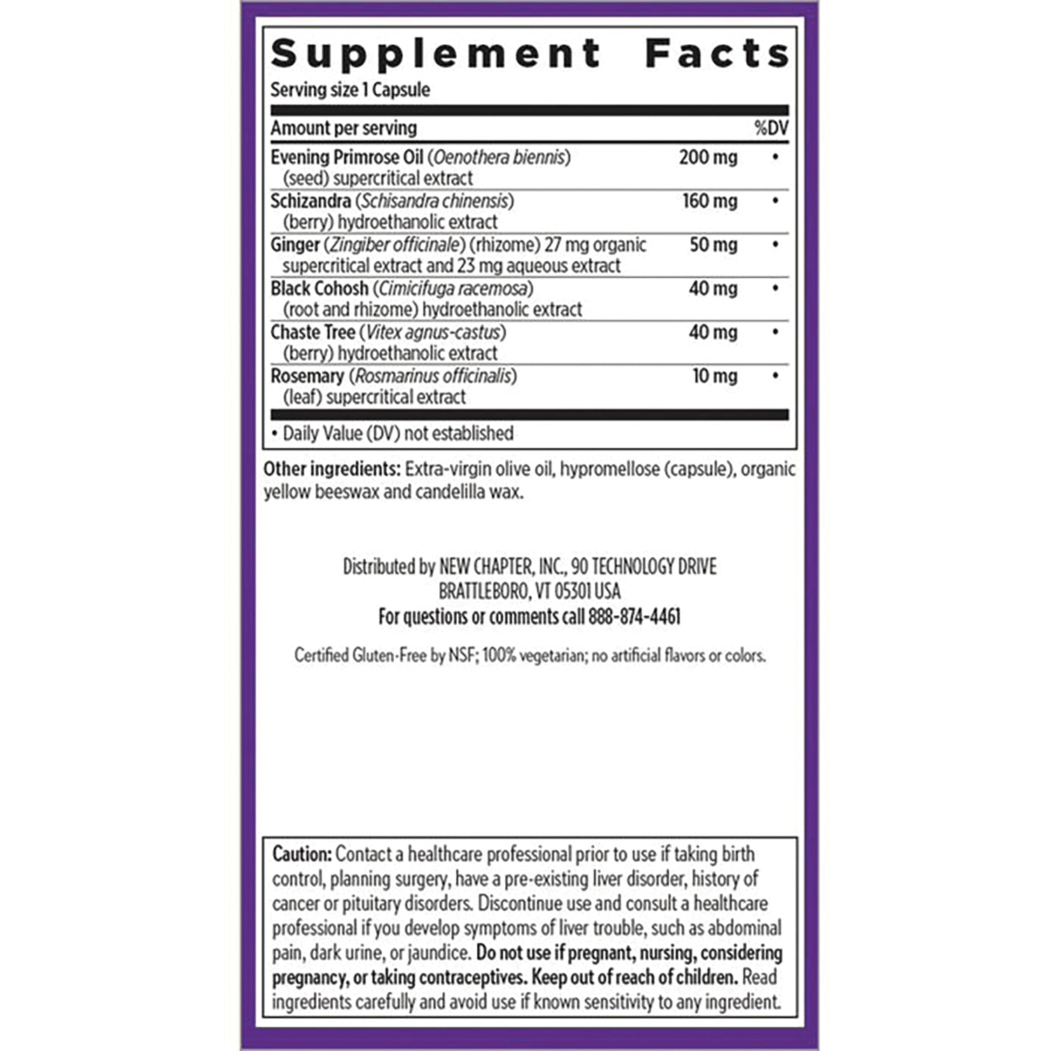 NWC297 | back label showing Supplement Facts panel with ingredient amounts, distributor details and caution warnings