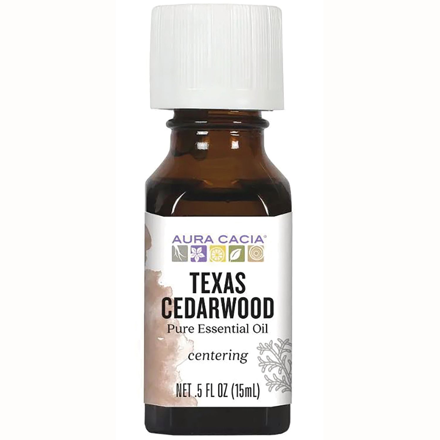 ARC011 | Aura Cacia Texas Cedarwood pure essential oil 0.5 fl oz (15 mL) amber bottle with white cap labeled centering