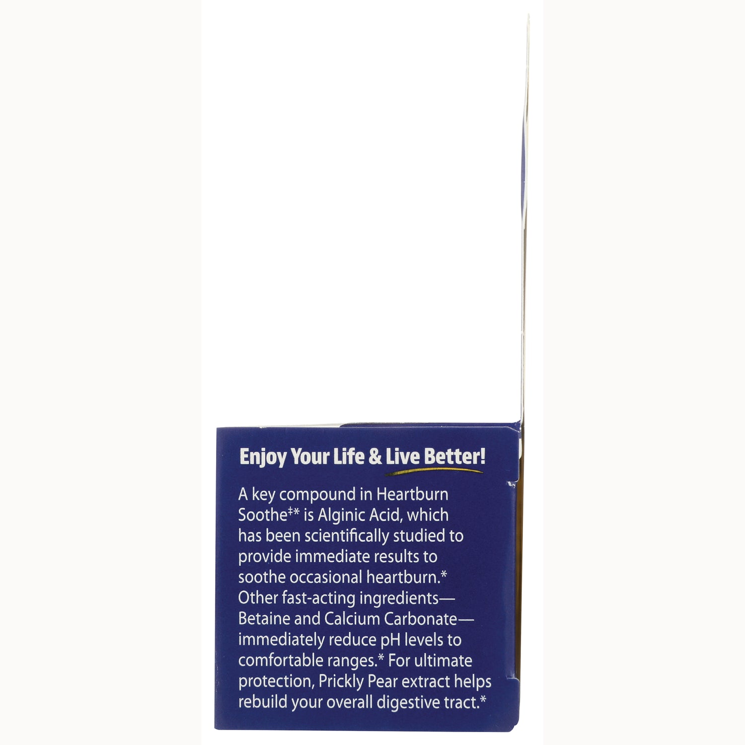 EMD064 | Blue product infographic panel reading Enjoy Your Life & Live Better! describing alginic acid, betaine, calcium carbonate and prickly pear extract