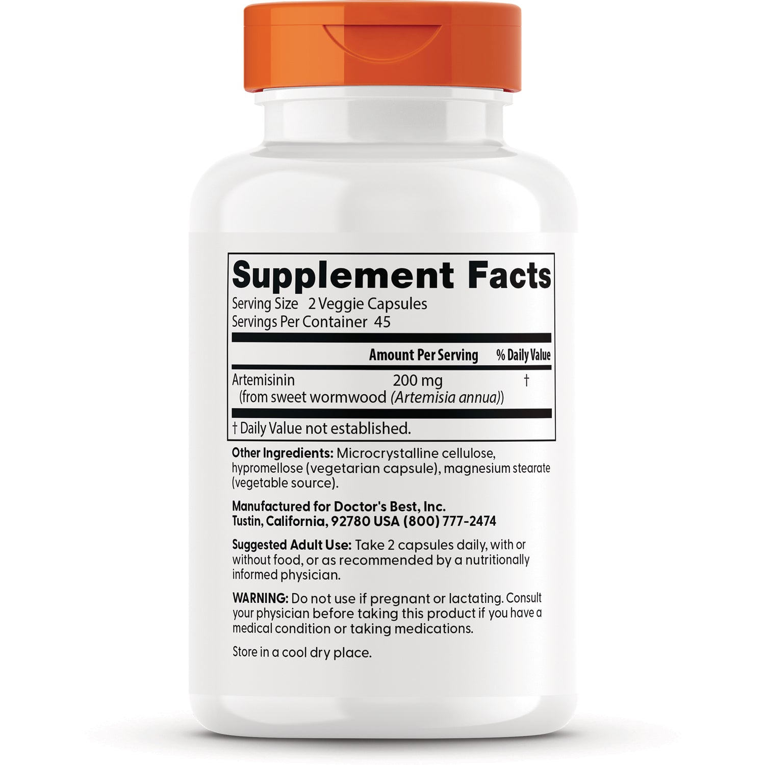 DB076 | bottle back showing Supplement Facts panel listing artemisinin 200 mg and other ingredients