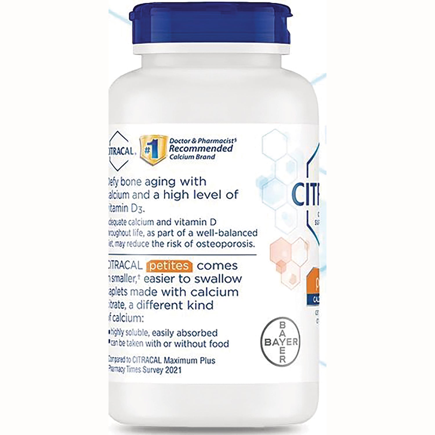 CCL006 | side label of white supplement bottle showing product info text, petites callout and Bayer logo