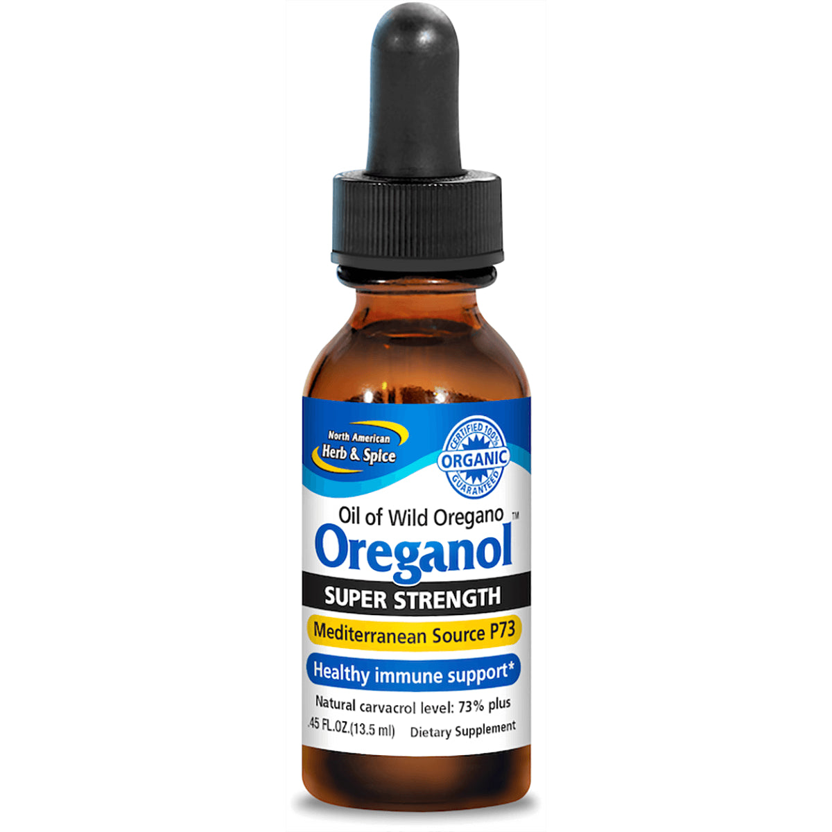 NHS003 | Amber dropper bottle labeled Oreganol Super Strength oil of wild oregano Mediterranean Source P73, 0.45 fl oz (13.5 ml)