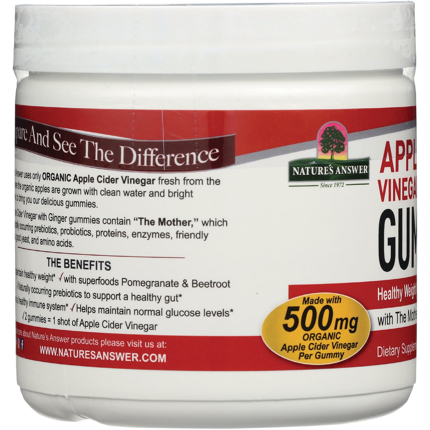NAT411 | product infographic label for Nature's Answer Apple Cider Vinegar gummies showing benefits and 500 mg badge