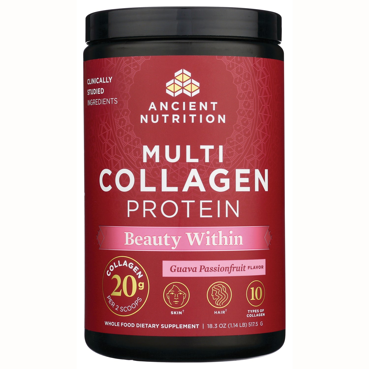 ATN045 | Ancient Nutrition Multi Collagen Protein tub, Guava Passionfruit flavor, red label