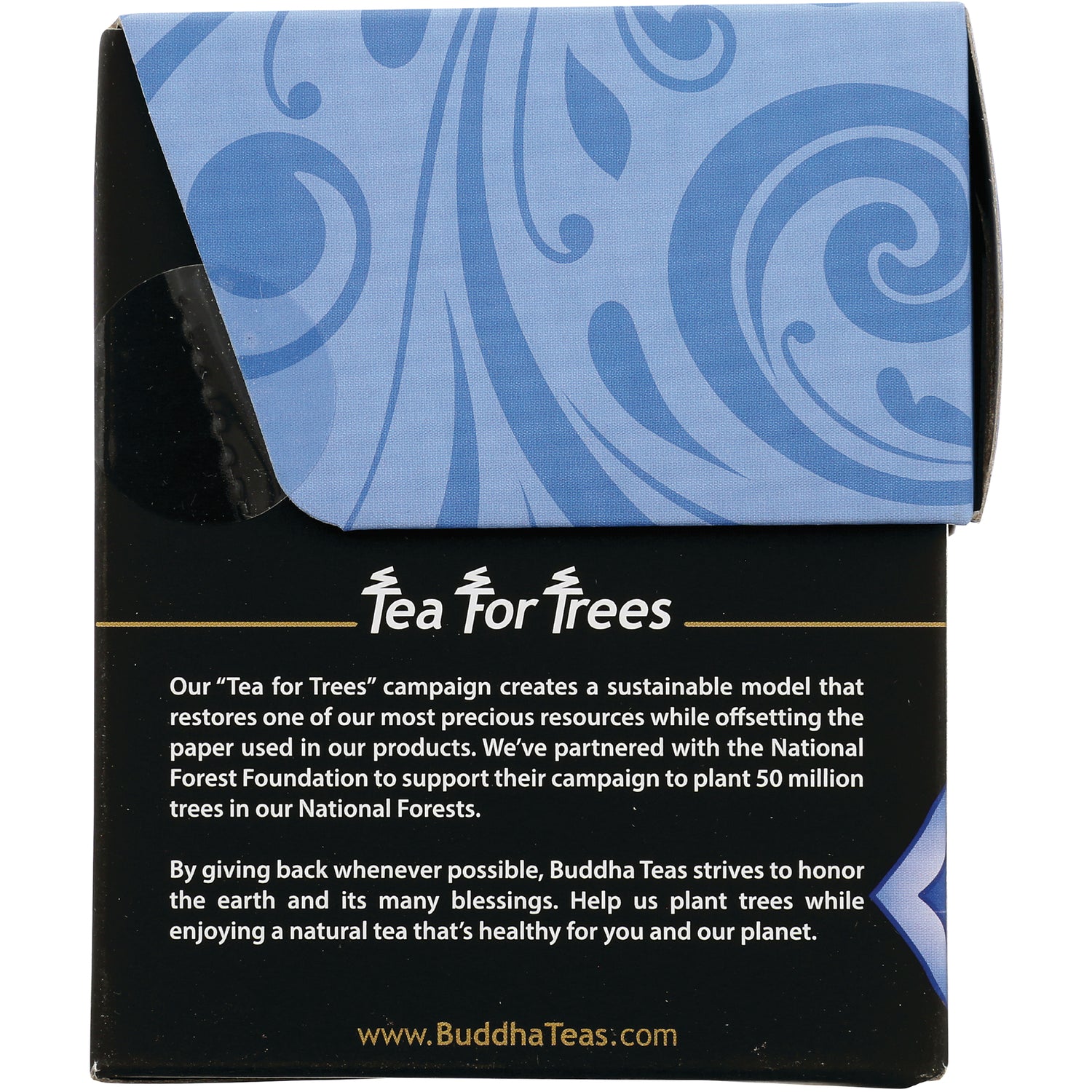 BUD010 | product panel reading Tea For Trees campaign text about planting trees and www.BuddhaTeas.com