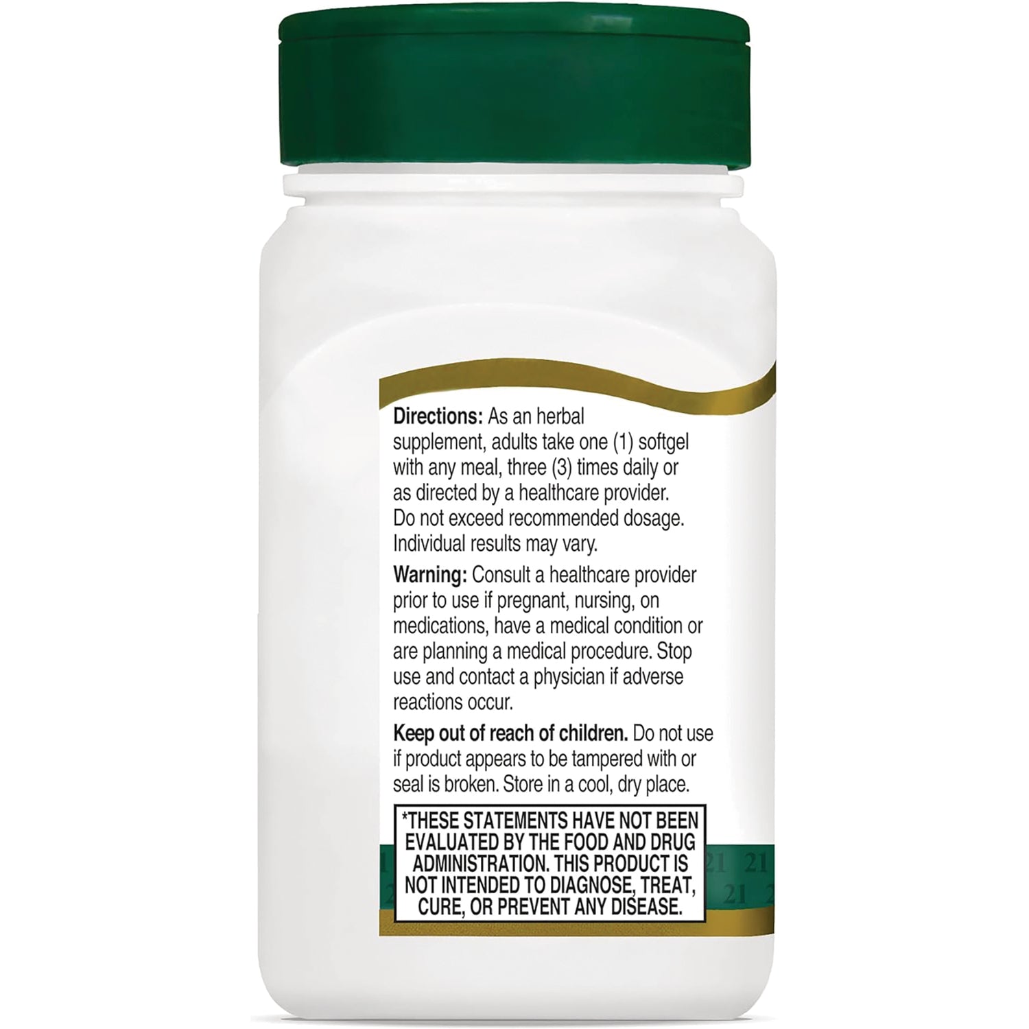 CNT052 | Back label of white supplement bottle showing directions, warnings, and FDA disclaimer
