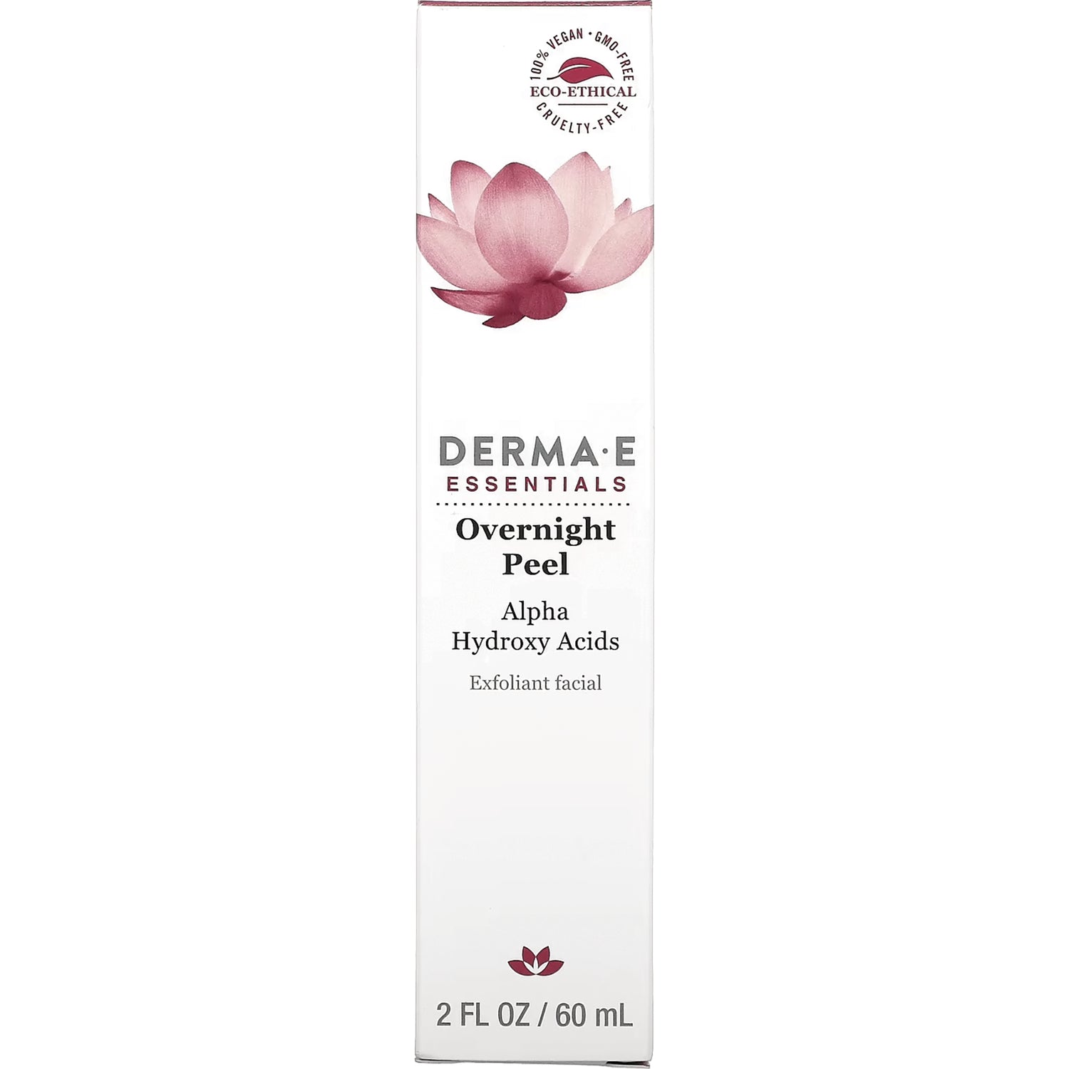 DE038 | Derma E Essentials Overnight Peel Alpha Hydroxy Acids 2 FL OZ / 60 mL front packaging