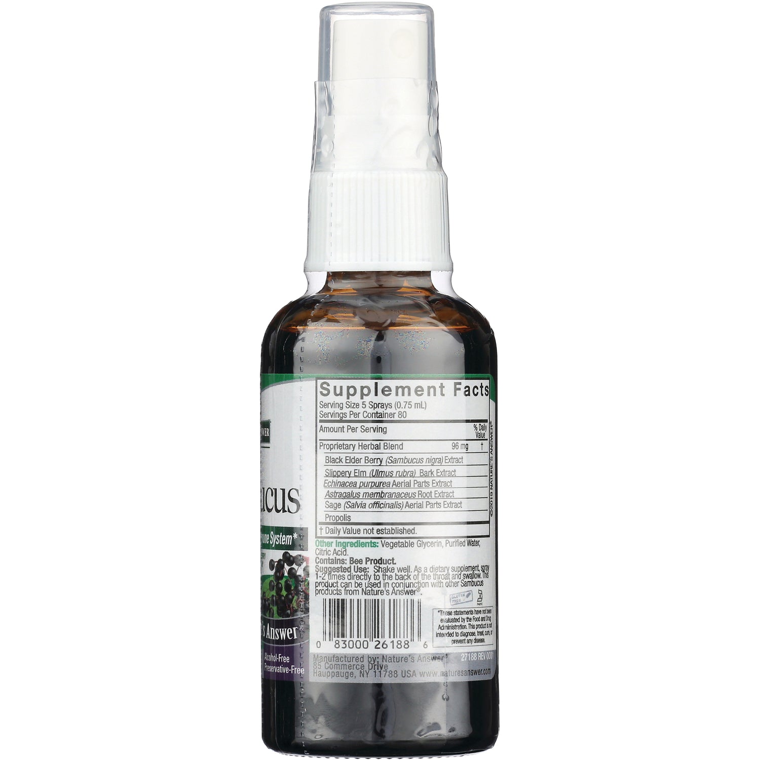 NAT128 | Back of brown spray bottle showing Supplement Facts label, ingredients and barcode