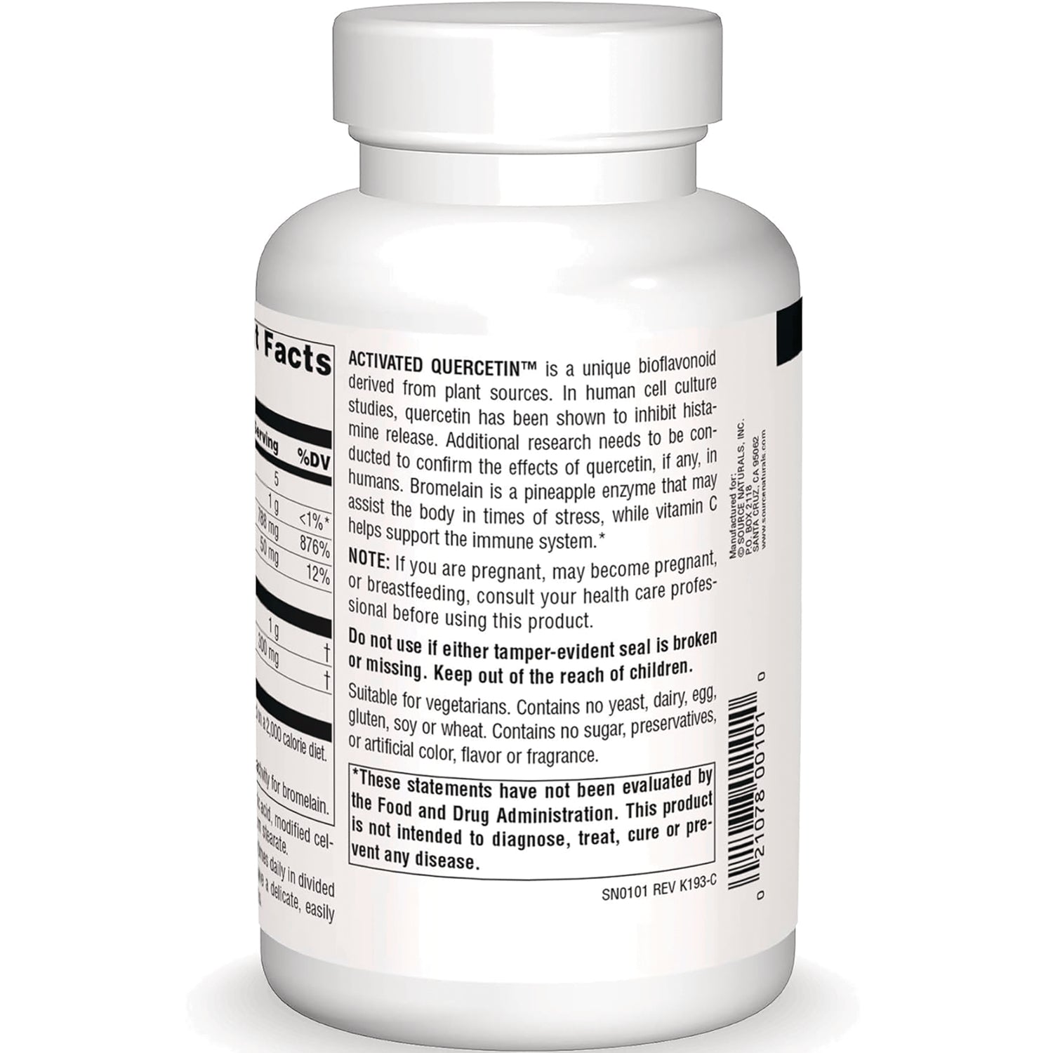 SN608 | Supplement bottle back label with Supplement Facts, warnings, and barcode