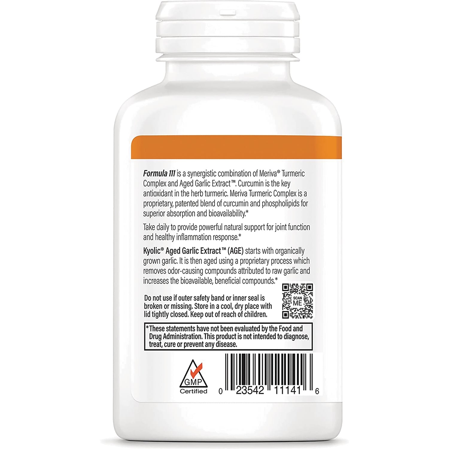 KY122 | Back label of white supplement bottle showing ingredients, directions, barcode and GMP certified logo