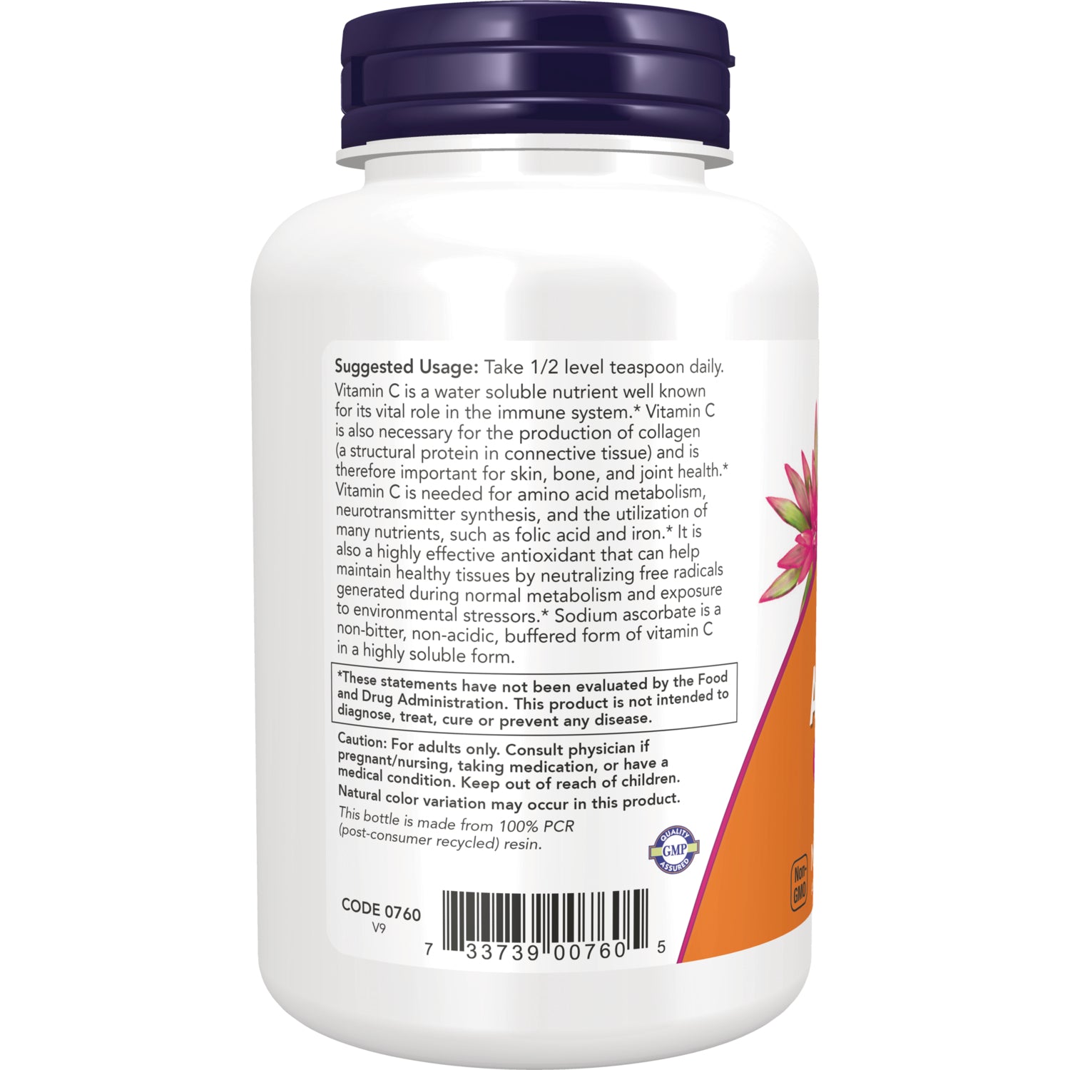 NWF215 | Back label of white supplement bottle showing suggested usage text, caution box, and barcode