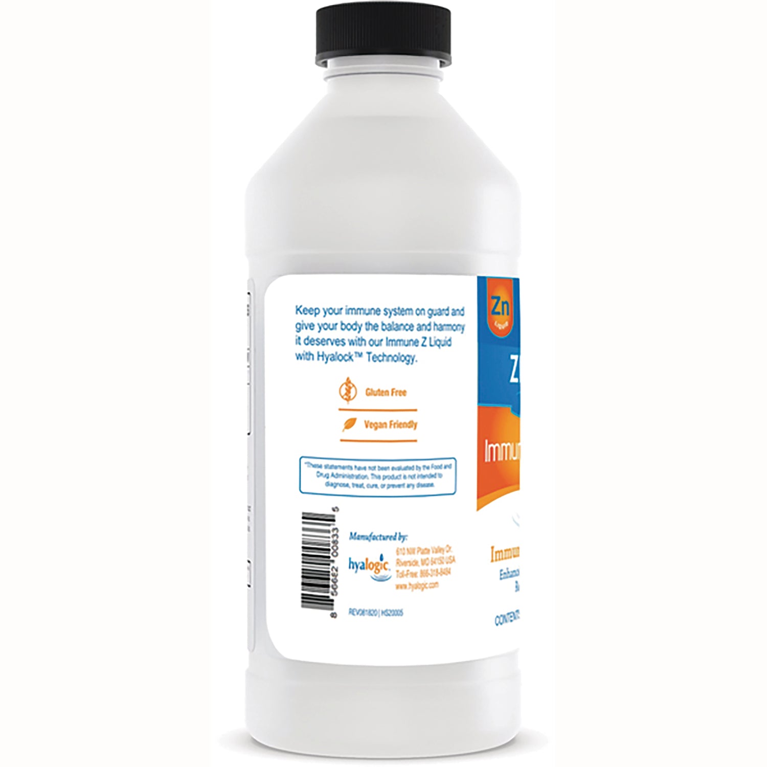HYL015 | back label of white supplement bottle showing gluten free and vegan friendly icons, barcode, and Hyalogic manufacturer info