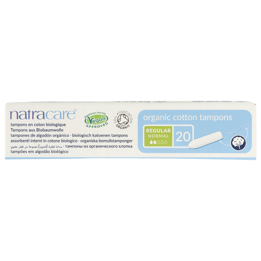 NCR001 | product infographic of Natracare organic cotton tampons box labeled Regular 20 and Vegan Approved - Thumbnail