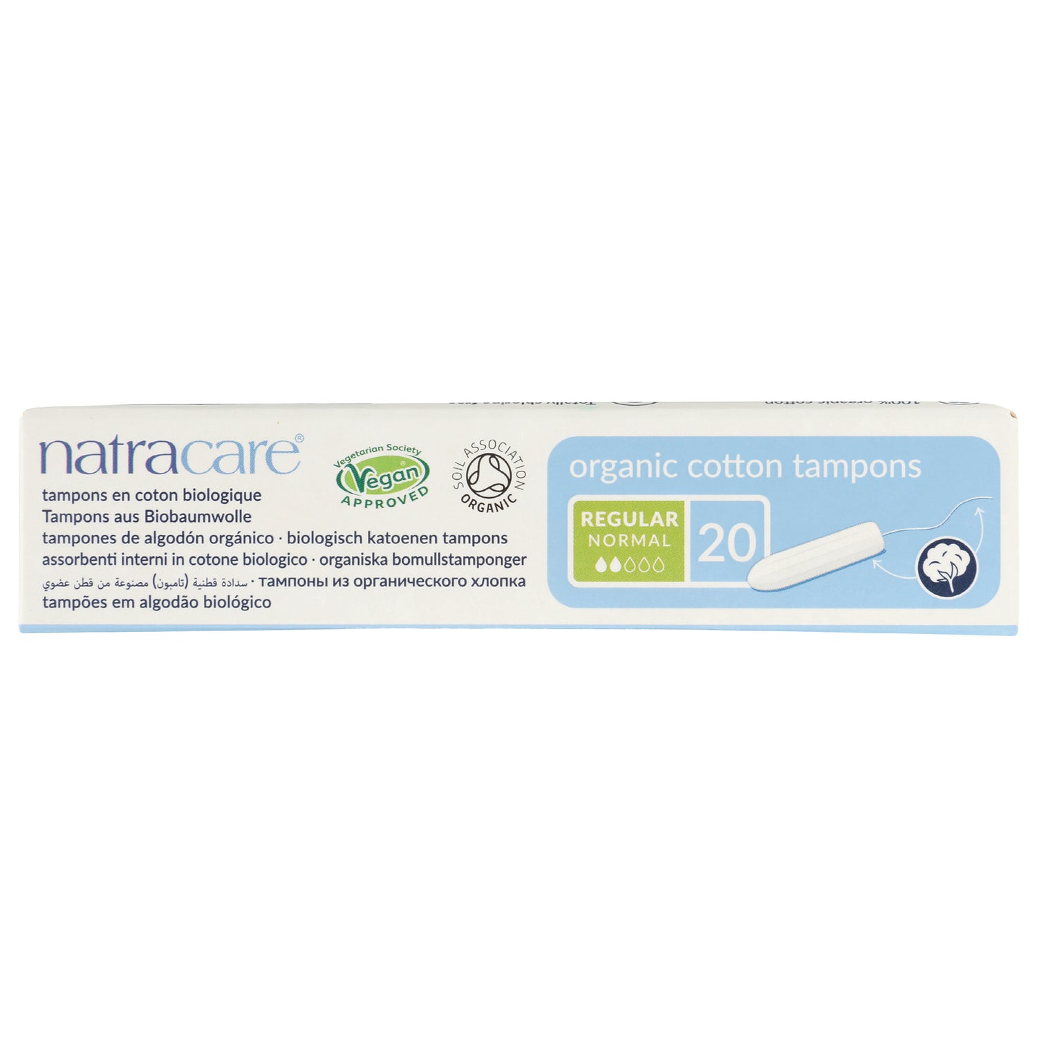 NCR001 | product infographic of Natracare organic cotton tampons box labeled Regular 20 and Vegan Approved
