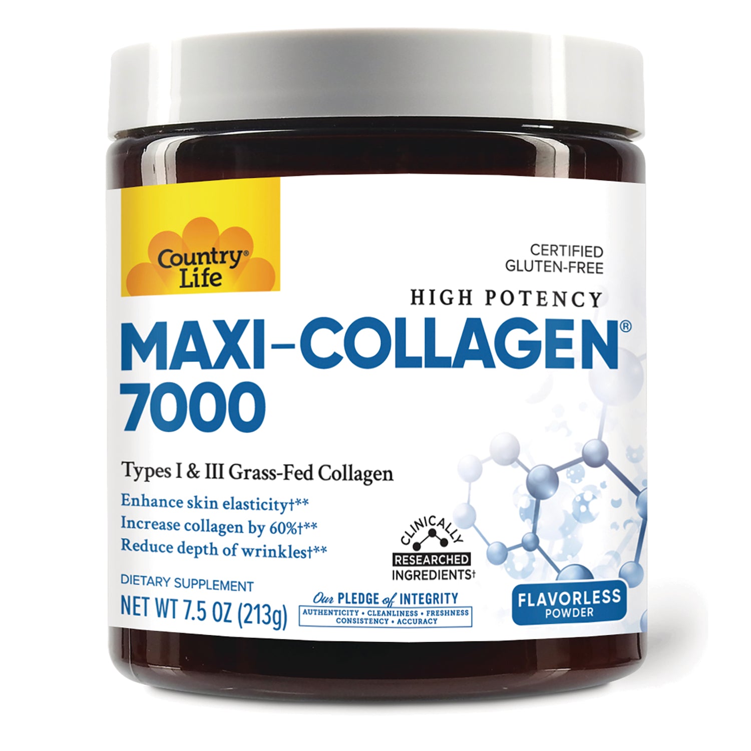 CRL647 | Country Life Maxi-Collagen 7000 jar, flavorless collagen powder supplement label