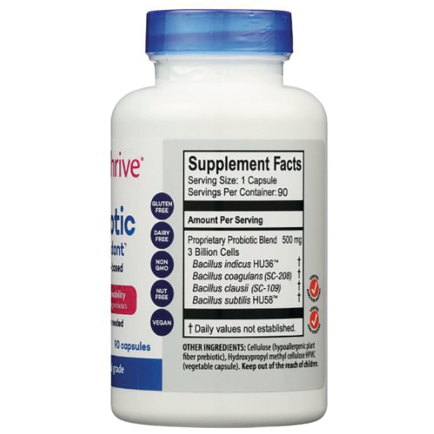 JTR003 | Back of white probiotic bottle showing supplement facts panel and circular badges reading gluten free, dairy free, non GMO, vegan