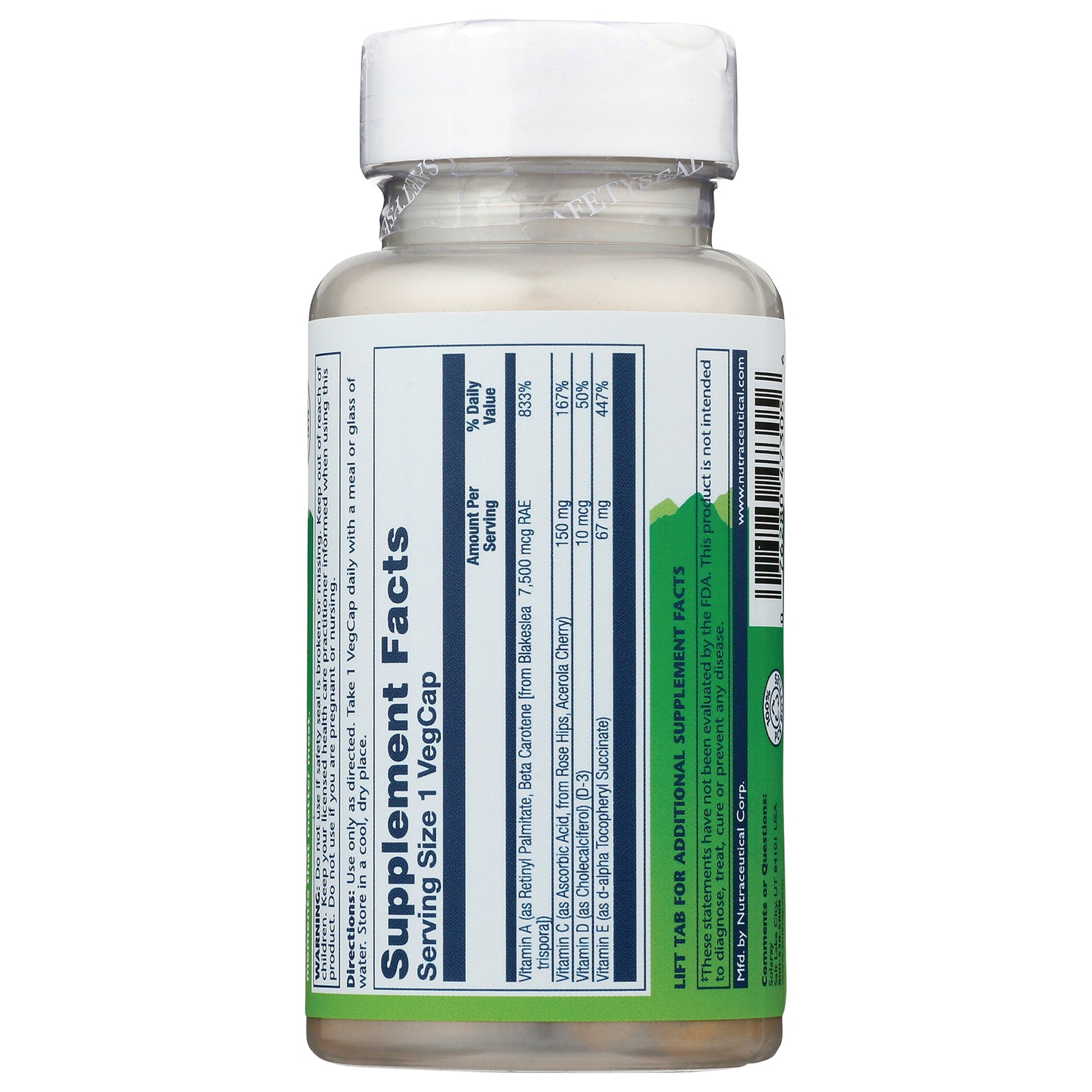 SLR364 | Back label showing Supplement Facts nutrition panel and barcode on a vitamin bottle