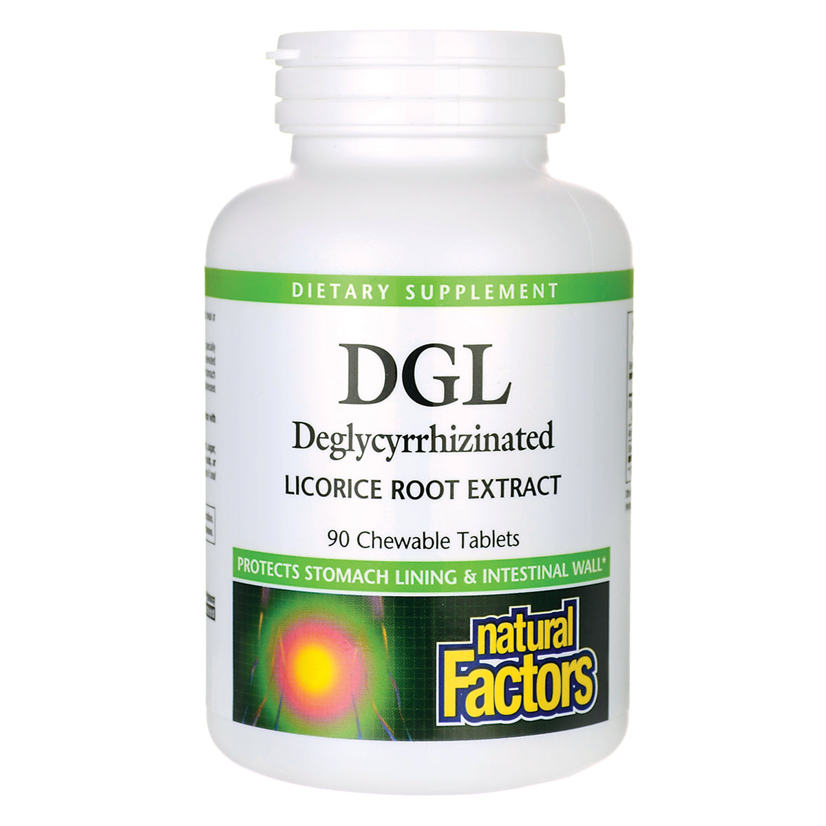 NFC041 | White bottle labeled DGL Deglycyrrhizinated Licorice Root Extract 90 Chewable Tablets by Natural Factors