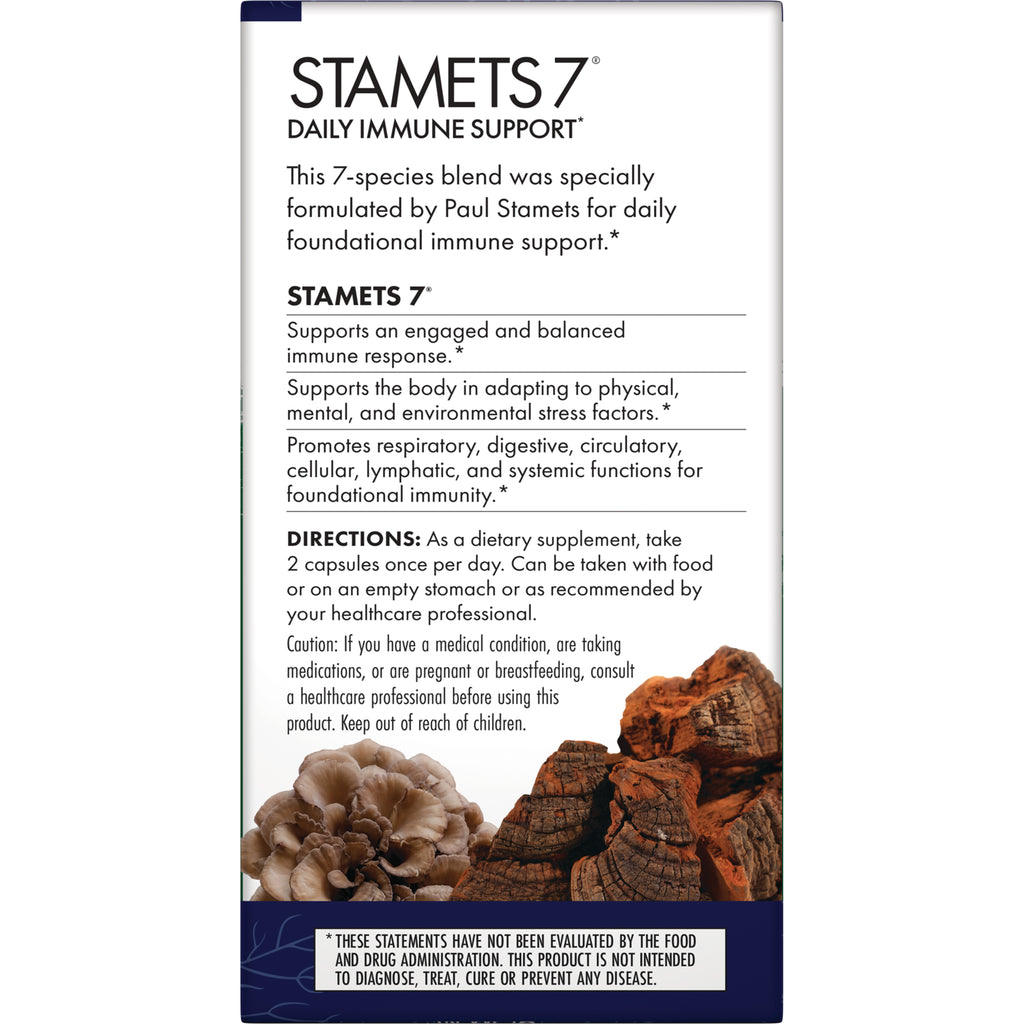FUN026 | Back of STAMETS 7 supplement box showing Daily Immune Support text, directions, benefits, and mushroom images - Thumbnail
