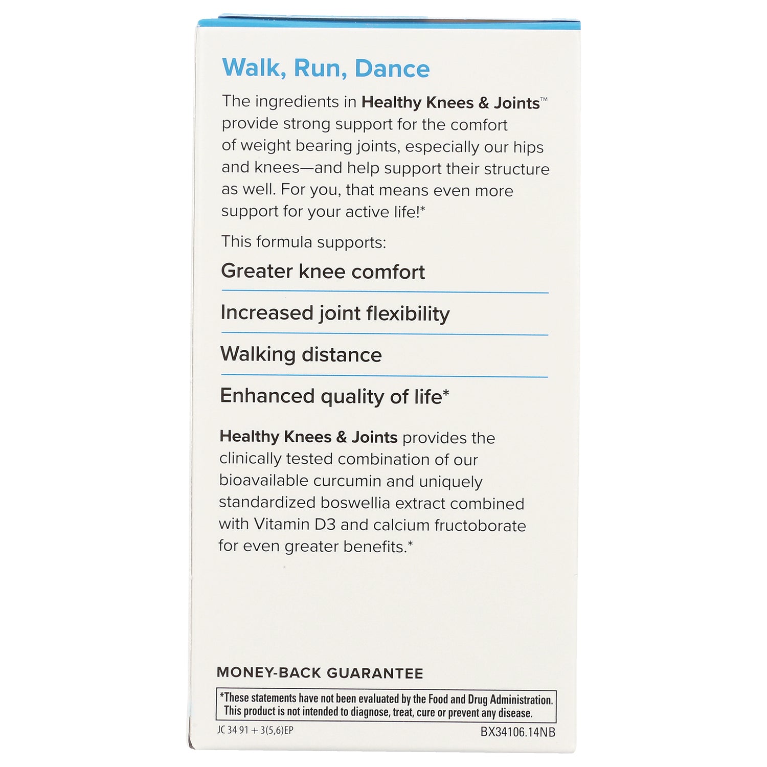 EUR027 | Product infographic titled Walk, Run, Dance listing knee comfort, joint flexibility, walking distance, enhanced quality of life