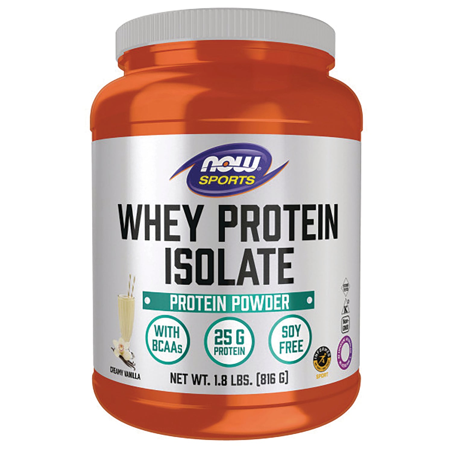 NWF1018 | Now Sports Whey Protein Isolate protein powder jar, creamy vanilla flavor, 25 g protein, soy free