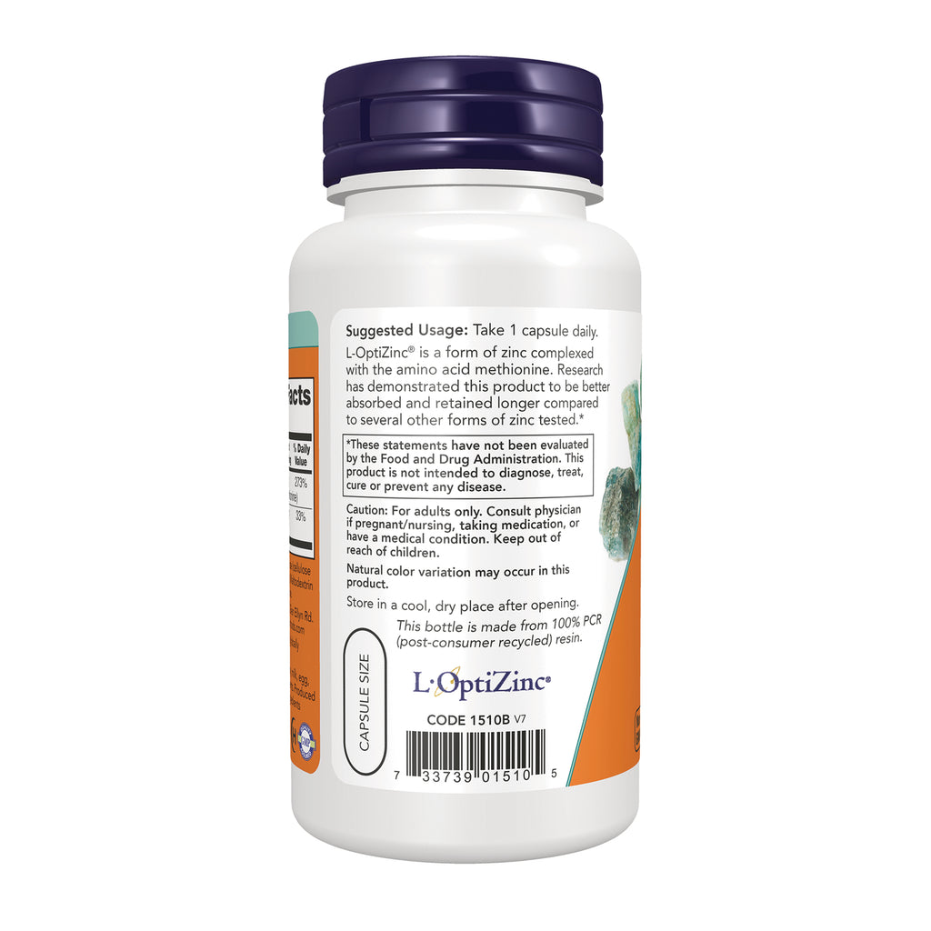 NWF328 | Back of white supplement bottle showing suggested usage, caution text, barcode, and L-OptiZinc logo - Thumbnail