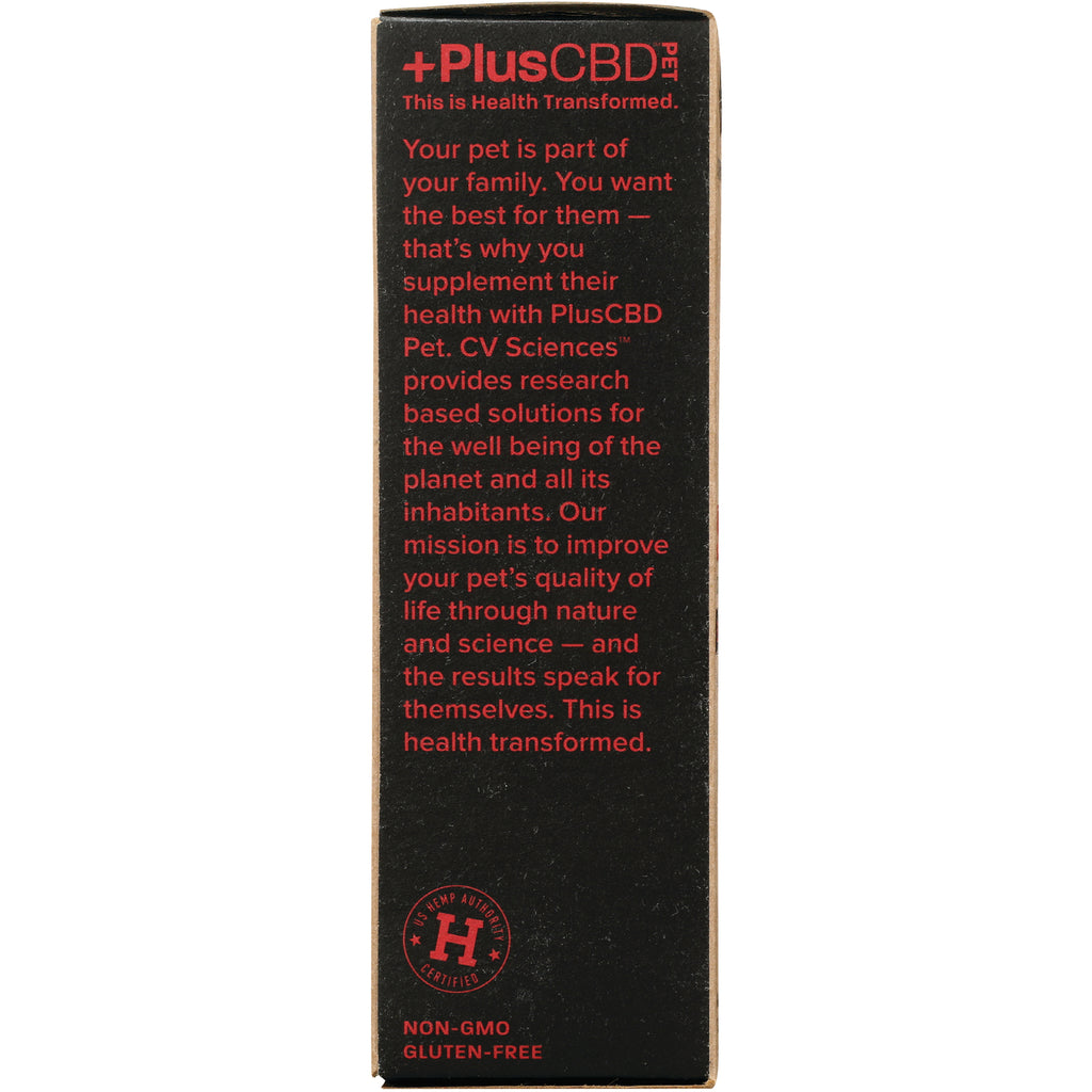 CV029 | Side panel product infographic with red PlusCBD Pet branding and descriptive text plus non-GMO gluten-free seal - Thumbnail