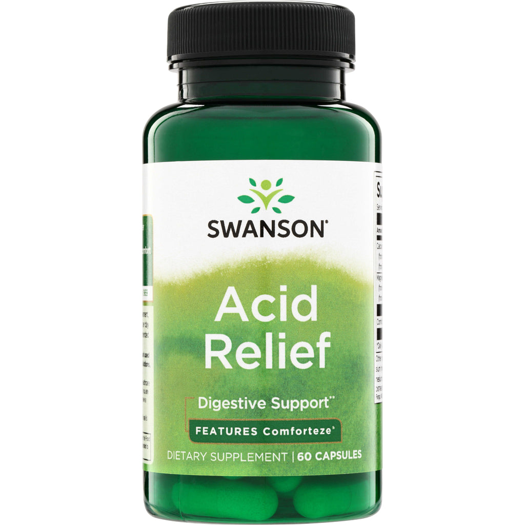 SWU777 | Swanson Acid Relief dietary supplement bottle, Digestive Support, Features Comforteze, 60 capsules - Thumbnail