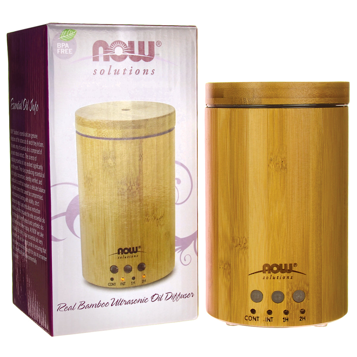 NWF1272 | Bamboo ultrasonic oil diffuser with product box, bamboo finish and control buttons visible