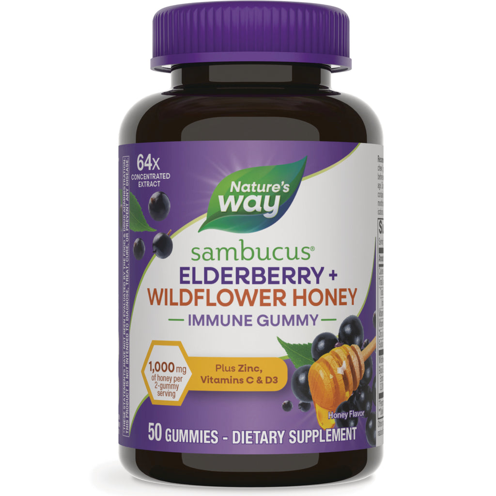 NW1074 | Nature's Way Sambucus elderberry + wildflower honey immune gummy bottle, 50 gummies dietary supplement - Thumbnail