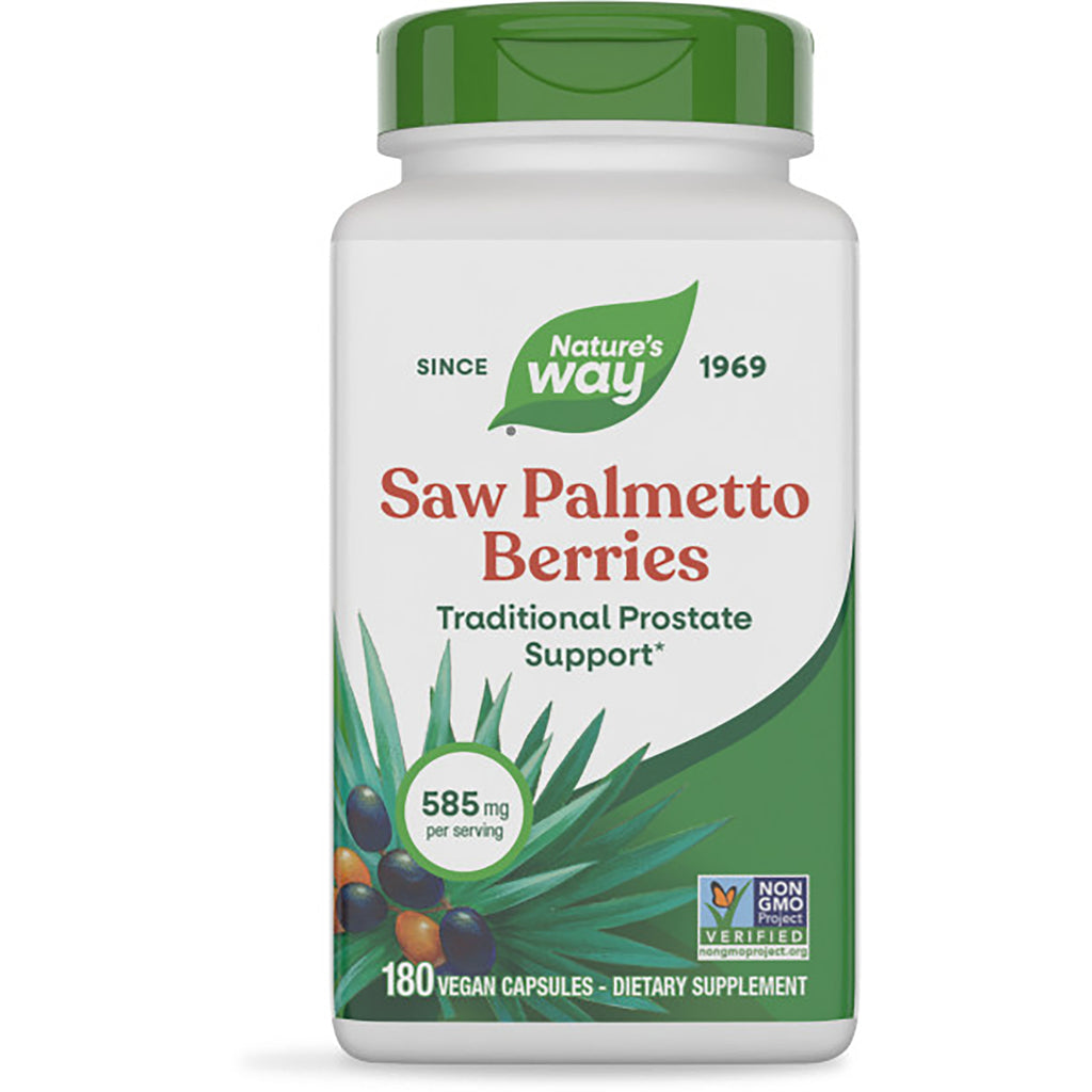 NW493 | Nature's Way Saw Palmetto Berries bottle front label, 180 vegan capsules, 585 mg per serving, Non-GMO Verified - Thumbnail