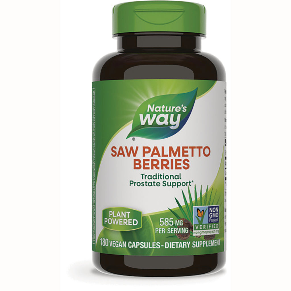 NW493 | Nature's Way Saw Palmetto Berries bottle front label, 180 vegan capsules, 585 mg per serving, Non-GMO Verified - Thumbnail