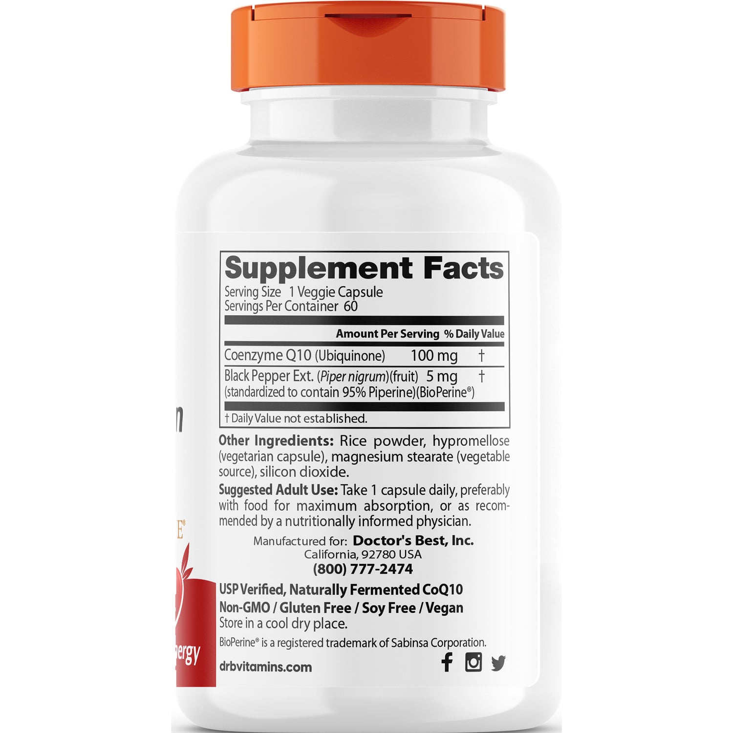 DB156 | back label showing Supplement Facts with Coenzyme Q10 100 mg, black pepper extract, other ingredients and suggested use