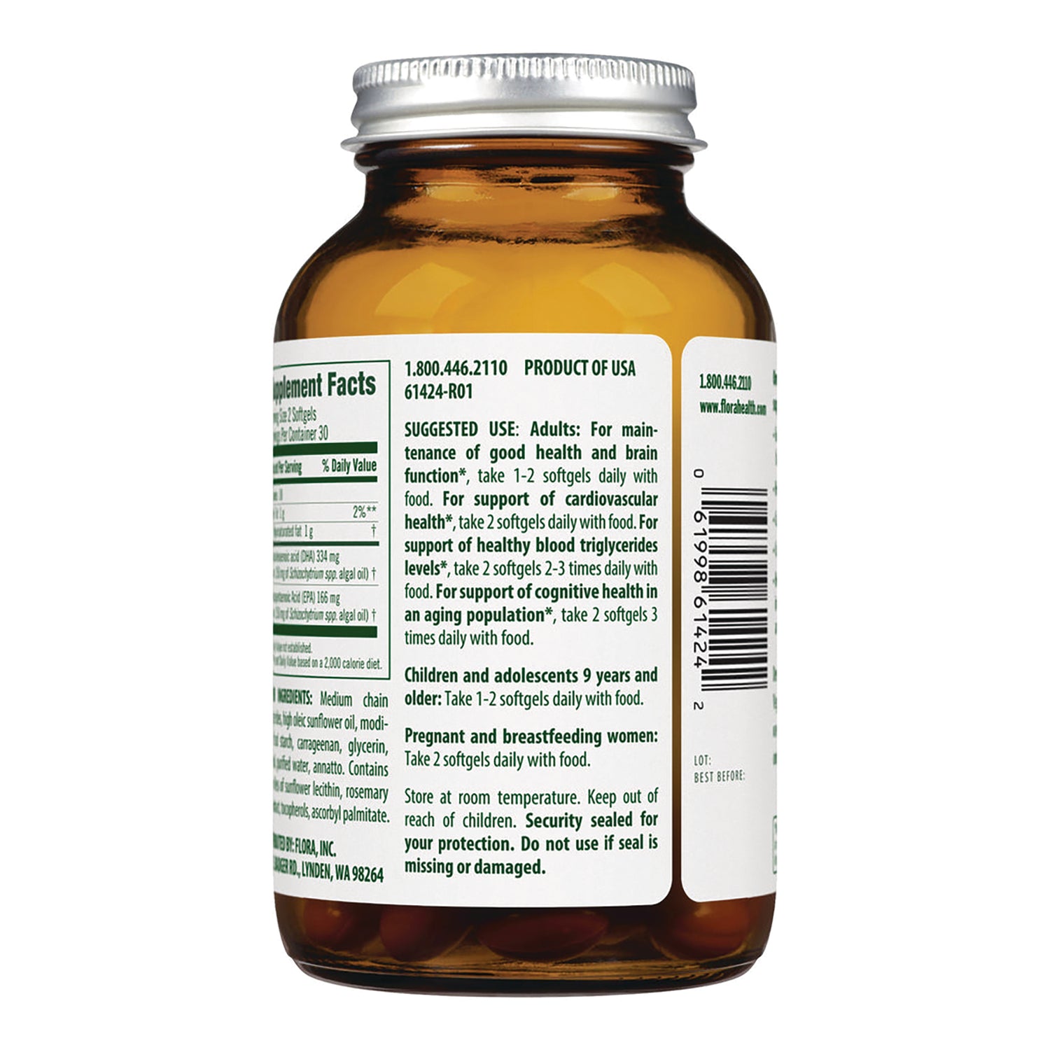 FL114 | Back label of amber supplement bottle showing suggested use directions, warnings, ingredients and barcode