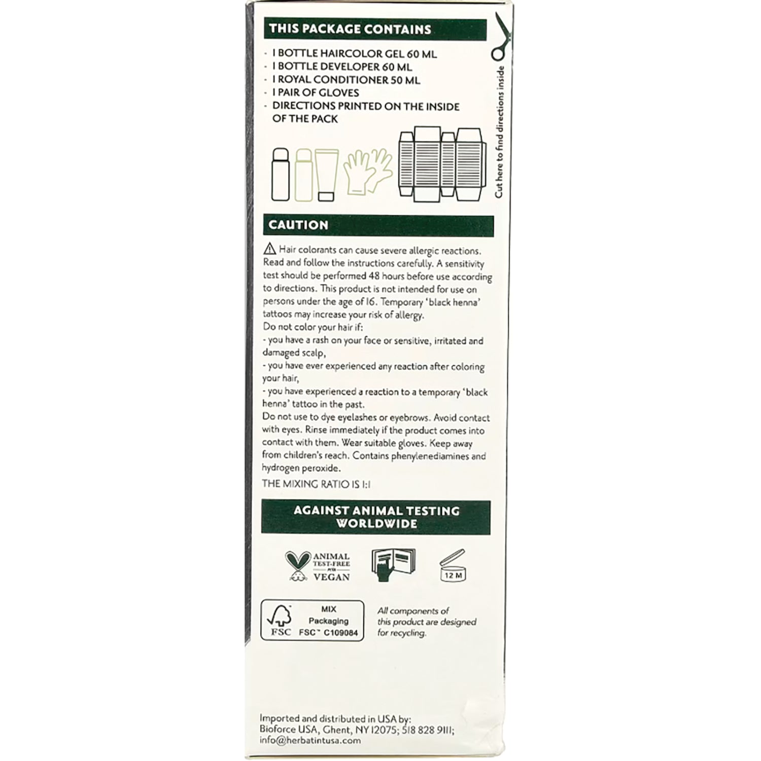 HBT008 | back of hair color kit box showing contents list, caution text and icons against animal testing