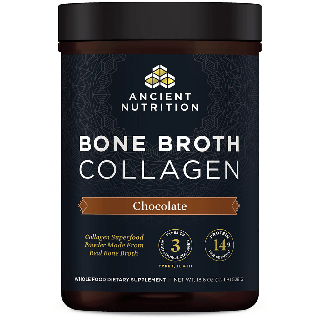 ATN009 | Ancient Nutrition Bone Broth Collagen chocolate powder supplement front label - Thumbnail