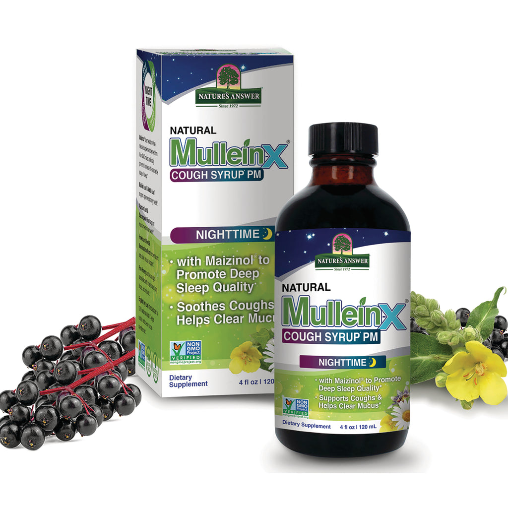 NAT422 | Natural MulleinX cough syrup PM nighttime bottle and box with elderberry and yellow flowers - Thumbnail