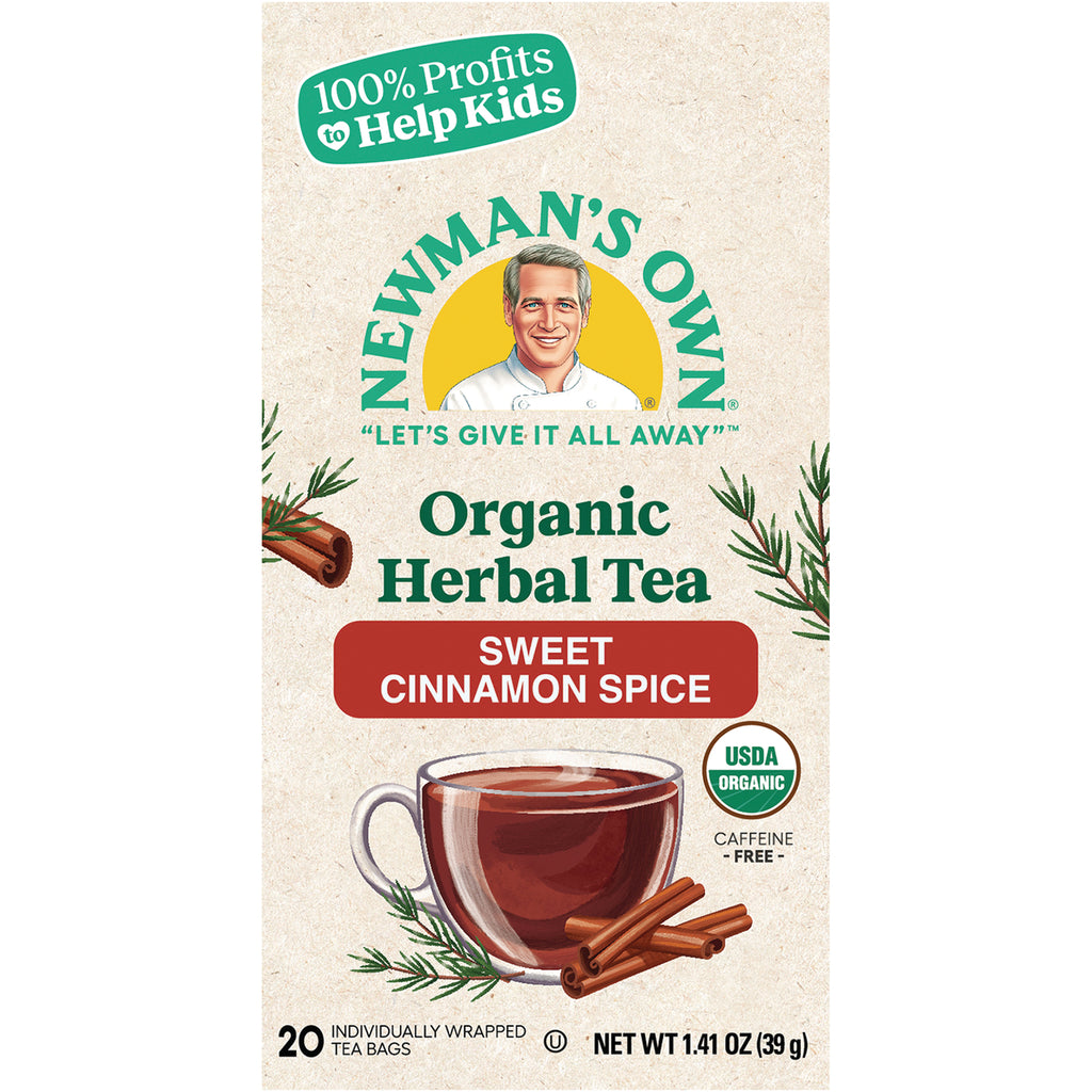 NWM043 | Newman's Own Organic Herbal Tea Sweet Cinnamon Spice front of box showing cup, cinnamon sticks and USDA Organic badge - Thumbnail