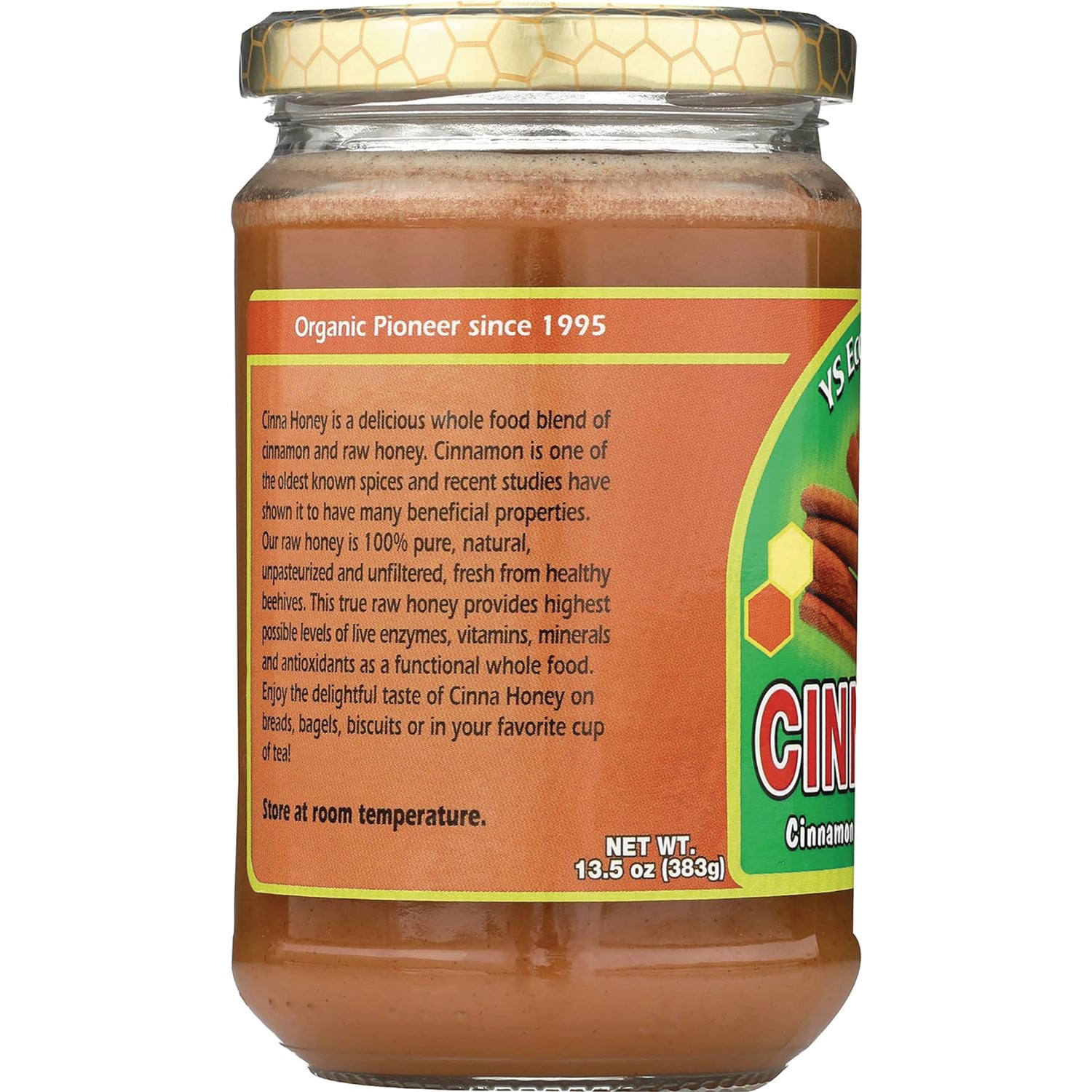 YS023 | Back label of cinnamon honey jar; Organic Pioneer since 1995; NET WT 13.5 oz (383 g)